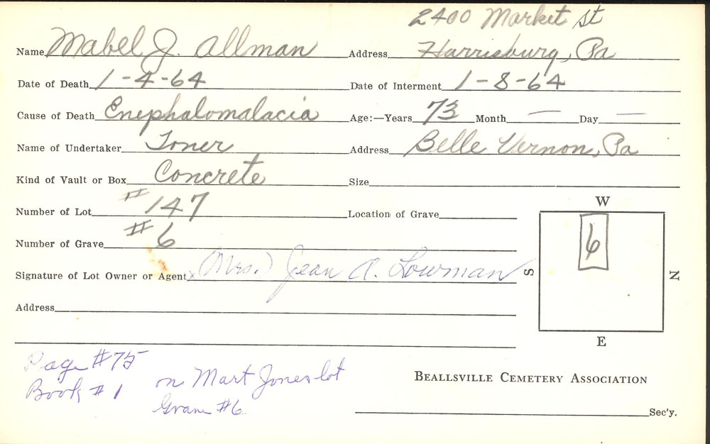 Mabel Allman burial card